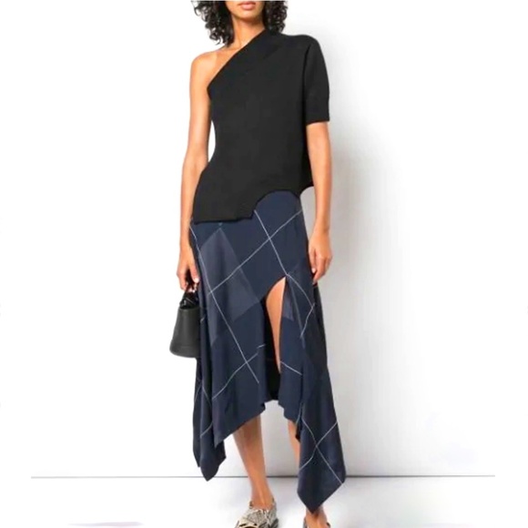 Monse Asymmetric Paneled Satin And Crepe Midi Skirt in Navy - Picture 11 of 13